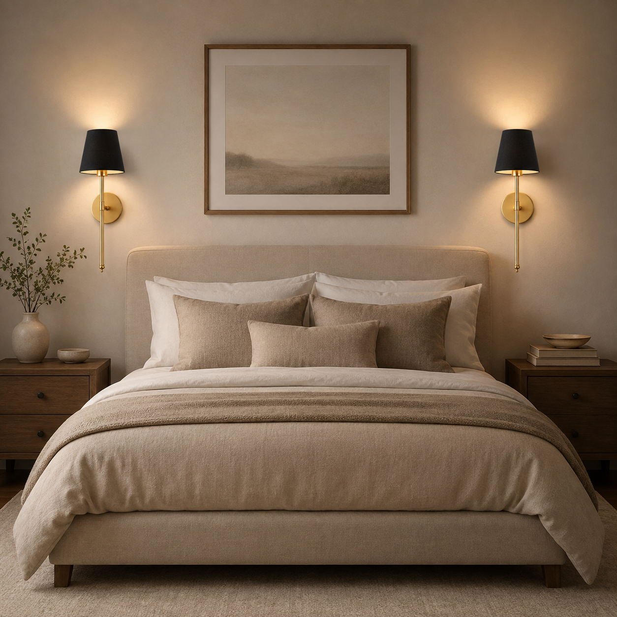 Two gold wall sconces with black shades mounted beside a bed in a warm bedroom.