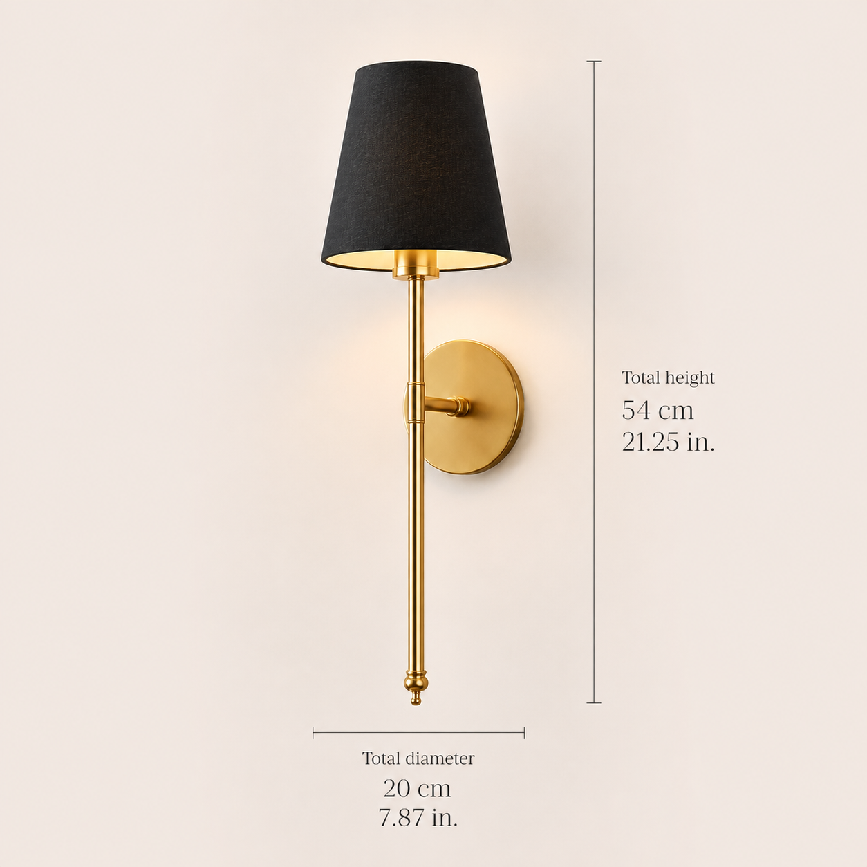 Gold wall sconce with black fabric shade shown with height and diameter dimensions.