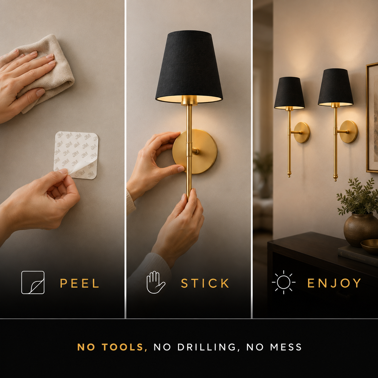 Gold cordless wall sconce installation steps showing peel, stick, and use.