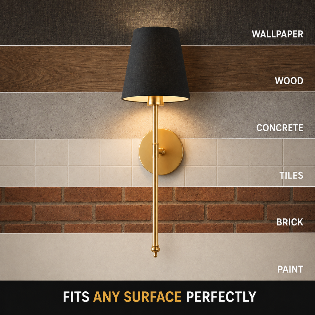 Gold wall sconce with black shade displayed on wallpaper, wood, concrete, tile, brick, and painted surfaces.