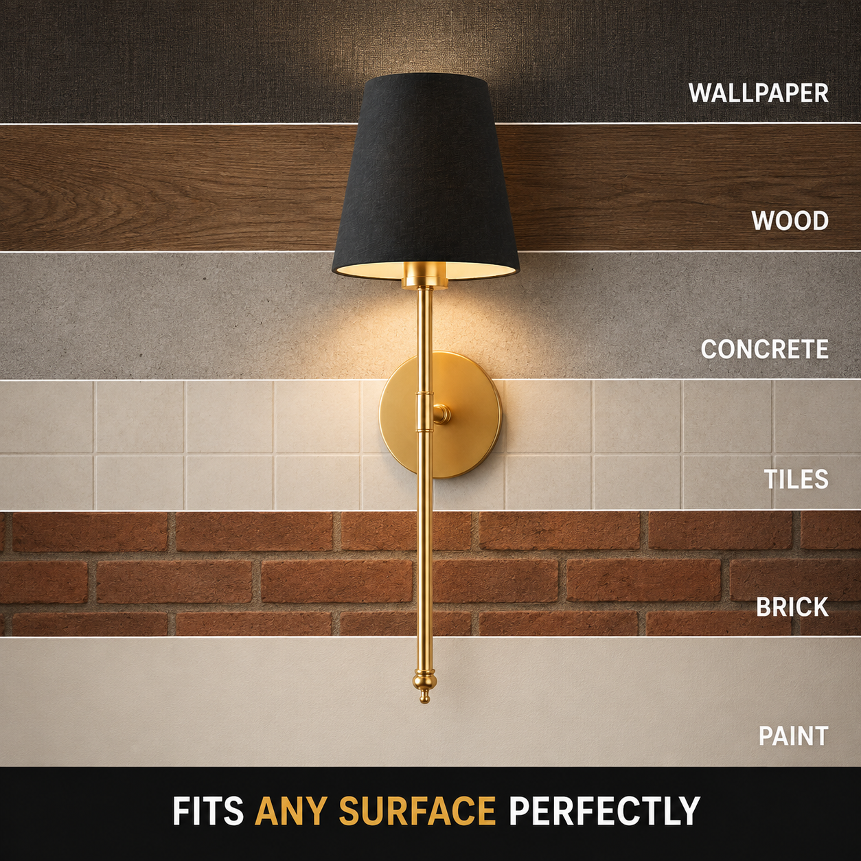 Gold wall sconce with black shade displayed on wallpaper, wood, concrete, tile, brick, and painted surfaces.