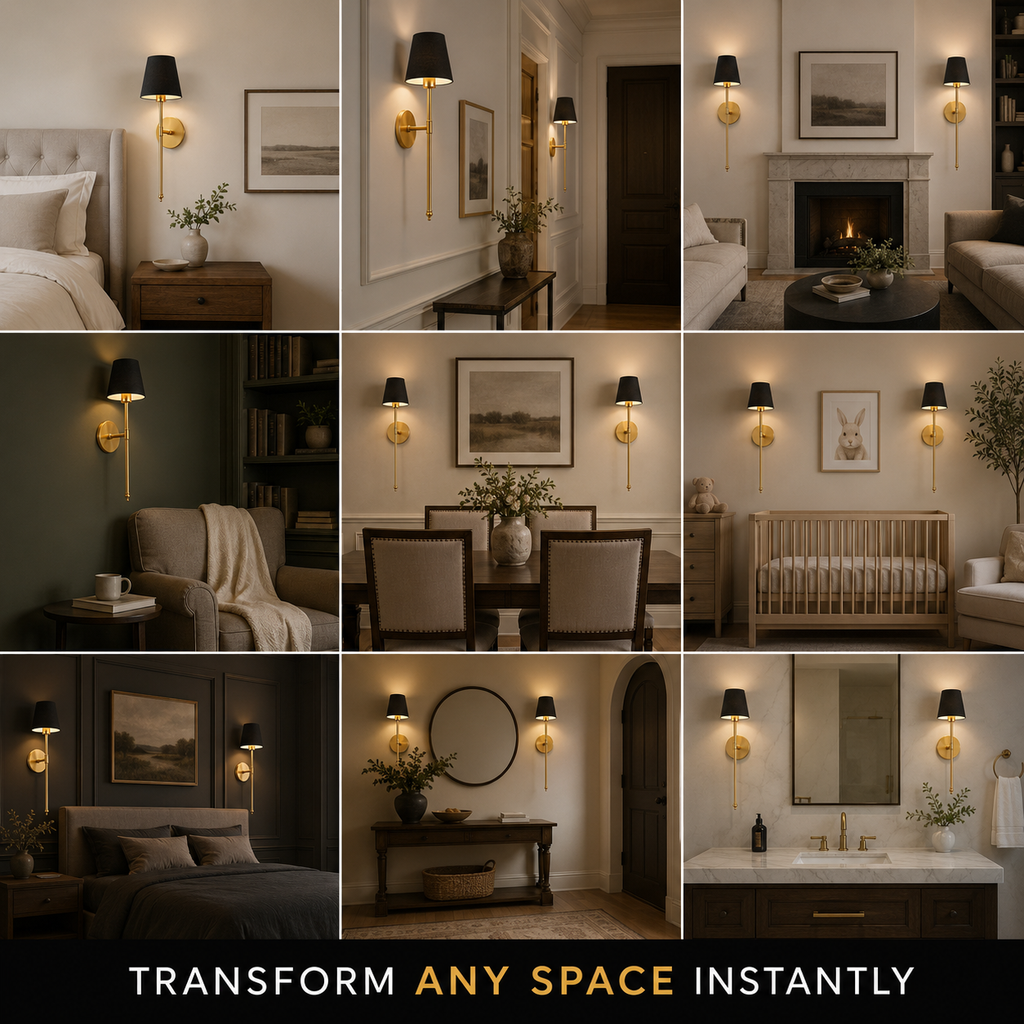 Gold wall sconces displayed in multiple bedroom, hallway, and living room settings.