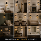 Gold wall sconces displayed in multiple bedroom, hallway, and living room settings.