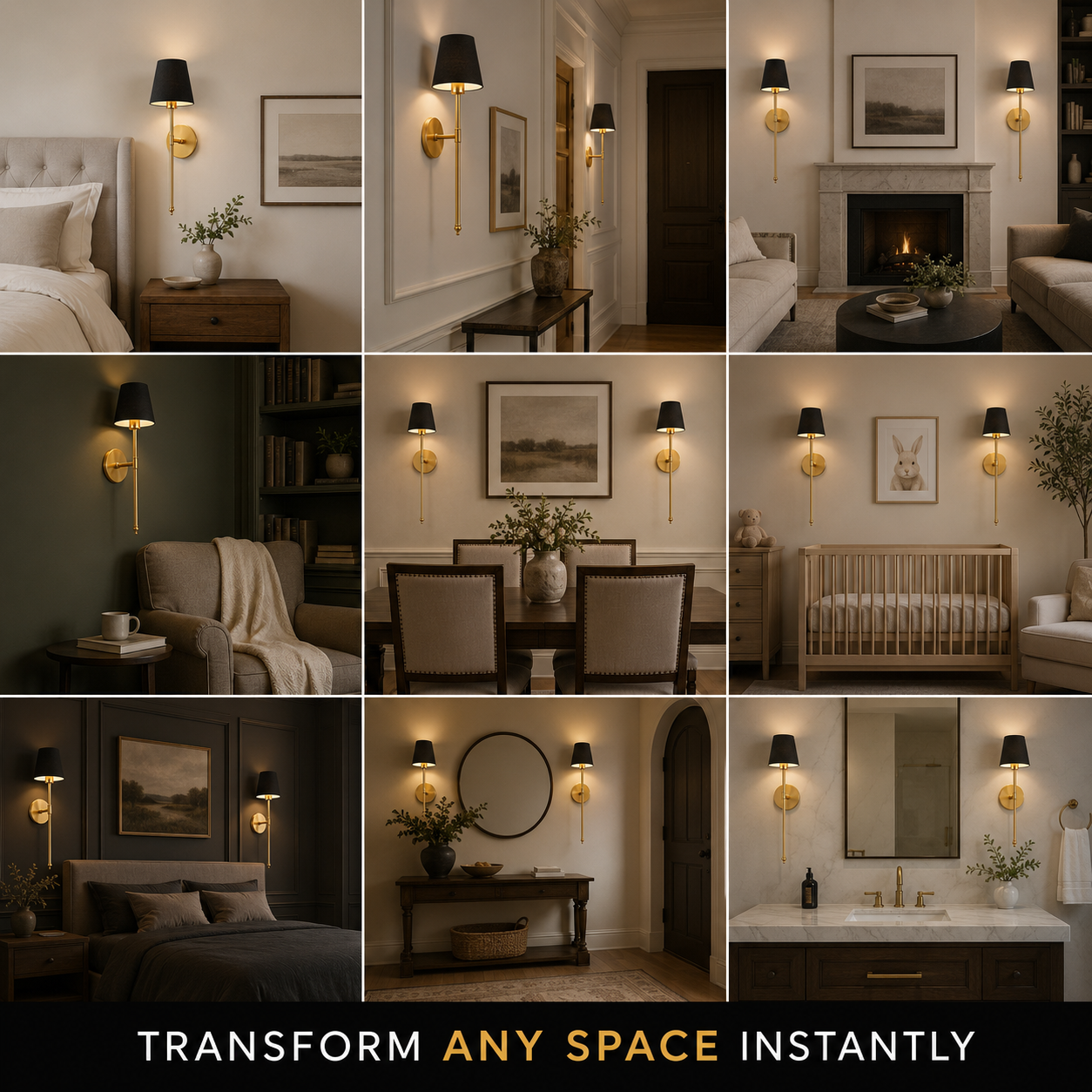 Gold wall sconces displayed in multiple bedroom, hallway, and living room settings.