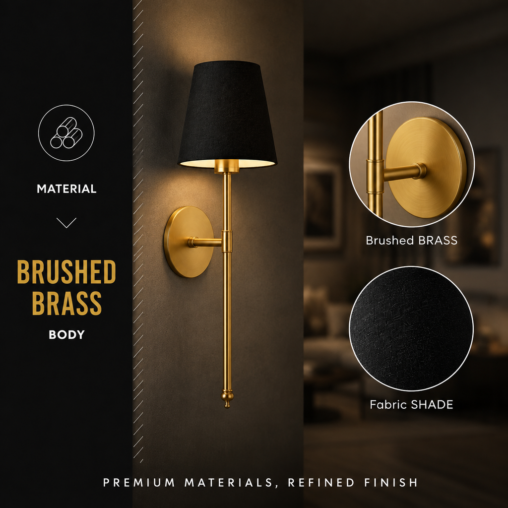 Gold wall sconce close-up highlighting the brushed brass body and black fabric shade.