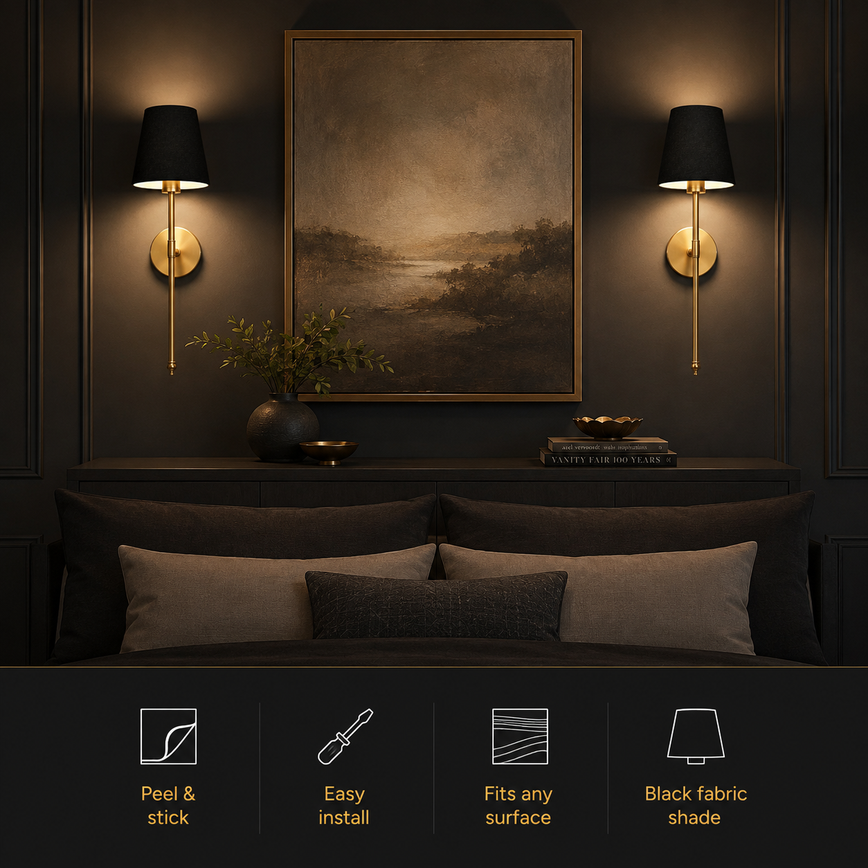 Pair of illuminated gold wall sconces with black shades mounted above bedside tables.