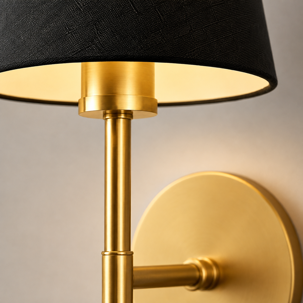 Close-up of a gold wall sconce with a black fabric shade and round mounting plate.