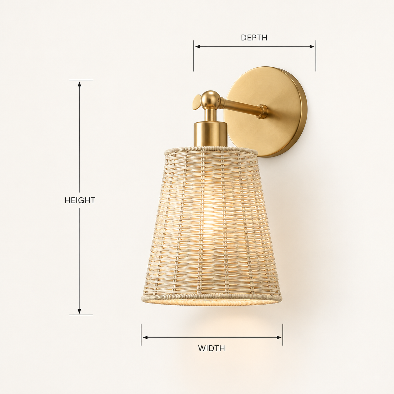 A wall-mounted light fixture with a woven beige shade and gold-toned metal hardware, shown with dimension lines labeled height, width, and depth on a plain light background.