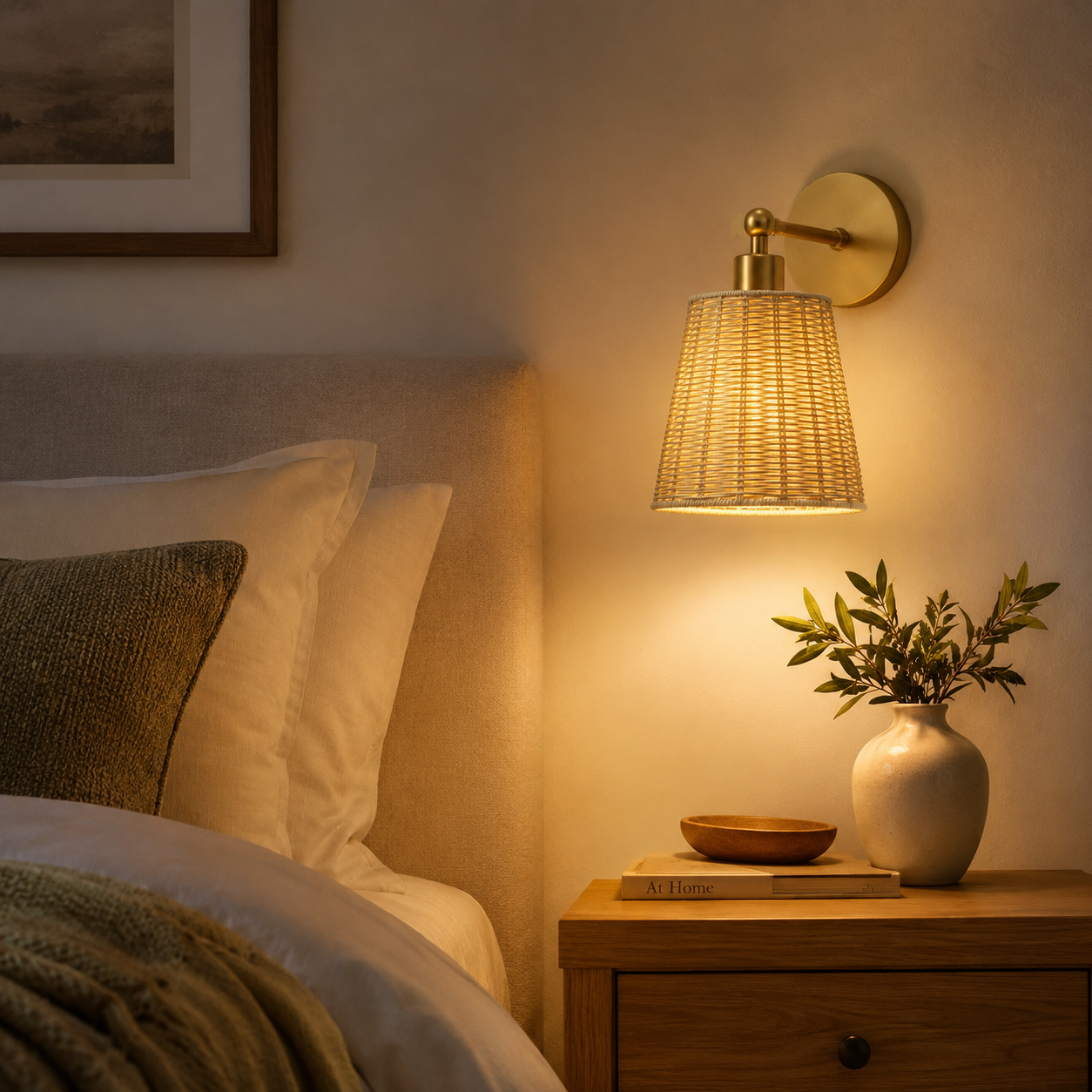 A warm brass wall sconce with a woven natural-fiber shade glowing with a golden light, mounted on a beige wall above a wooden nightstand with a vase of greenery.