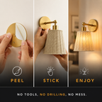 Three-panel demonstration of a wall-mounted sconce with a peel-and-stick shade. Left panel shows the back of the shade being peeled off with a hand.