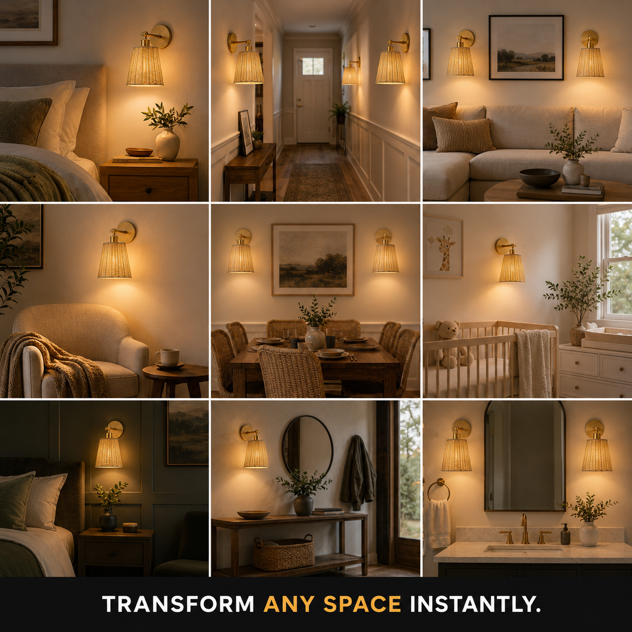 A 3x3 collage of warm, cozy interior scenes featuring wall-mounted sconces in different rooms including a bedroom, hallway, living room, dining area, nursery, and bathroom. Each scene shows the sconces glowing with a soft golden light.