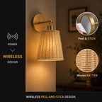 A warm brass wall sconce with a woven rattan cone shade, shown lit on a beige wall. The image includes callout circles highlighting the peel-and-stick mirror and woven rattan texture, with text reading 'POWER', 'Peel & STICK', and 'Woven RATTAN'.