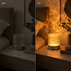 A split-screen comparison of a bedside lamp in a bedroom setting, labeled OFF on the left and ON on the right. The lamp has a textured clear glass shade and a silver base, emitting a warm golden light when turned on, casting a soft glow on the bed and wall.
