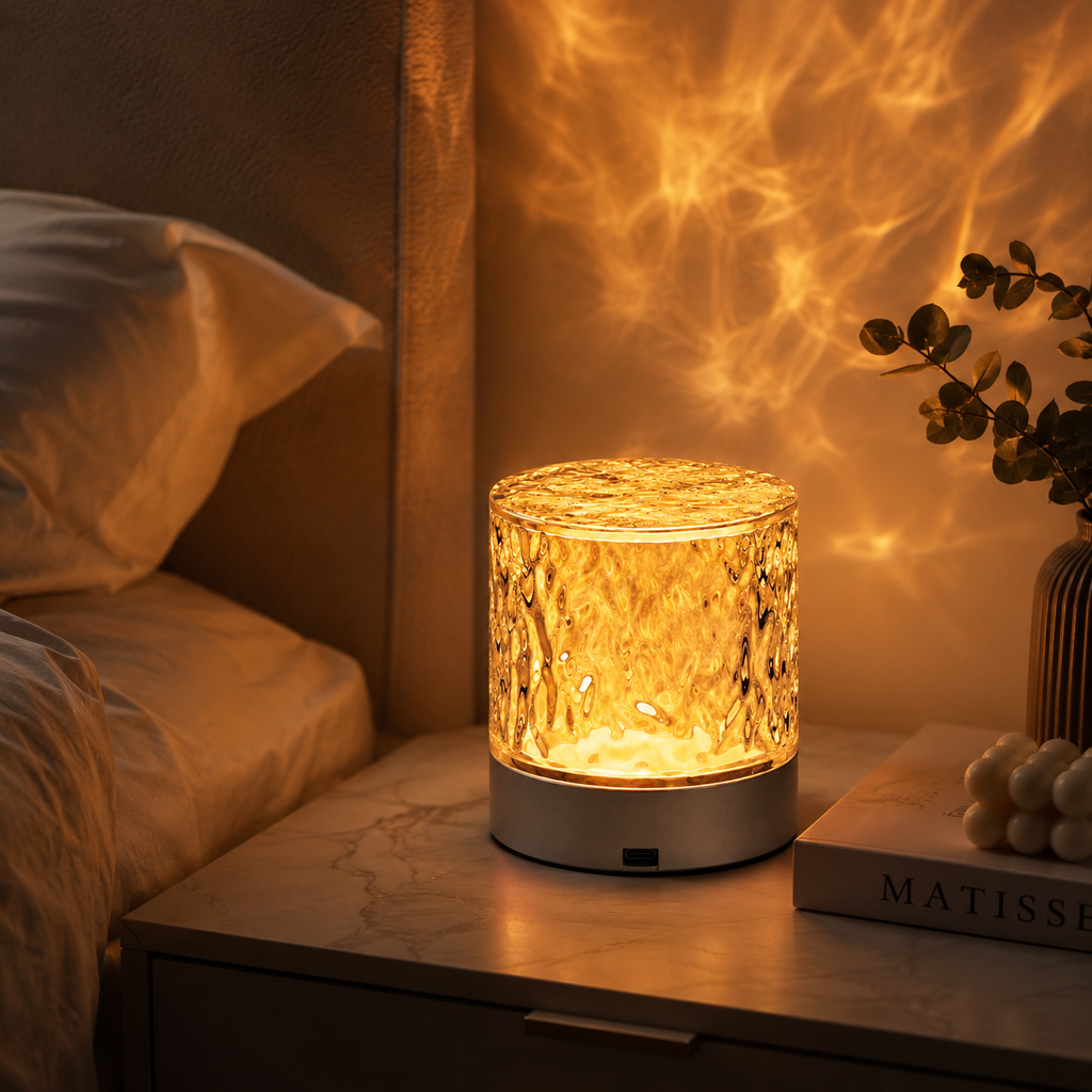 A cylindrical table lamp with a textured, honeycomb-like glass or acrylic body sits on a bedside table in a bedroom. The lamp is glowing warm yellow light, casting a starry pattern on the wall behind it.