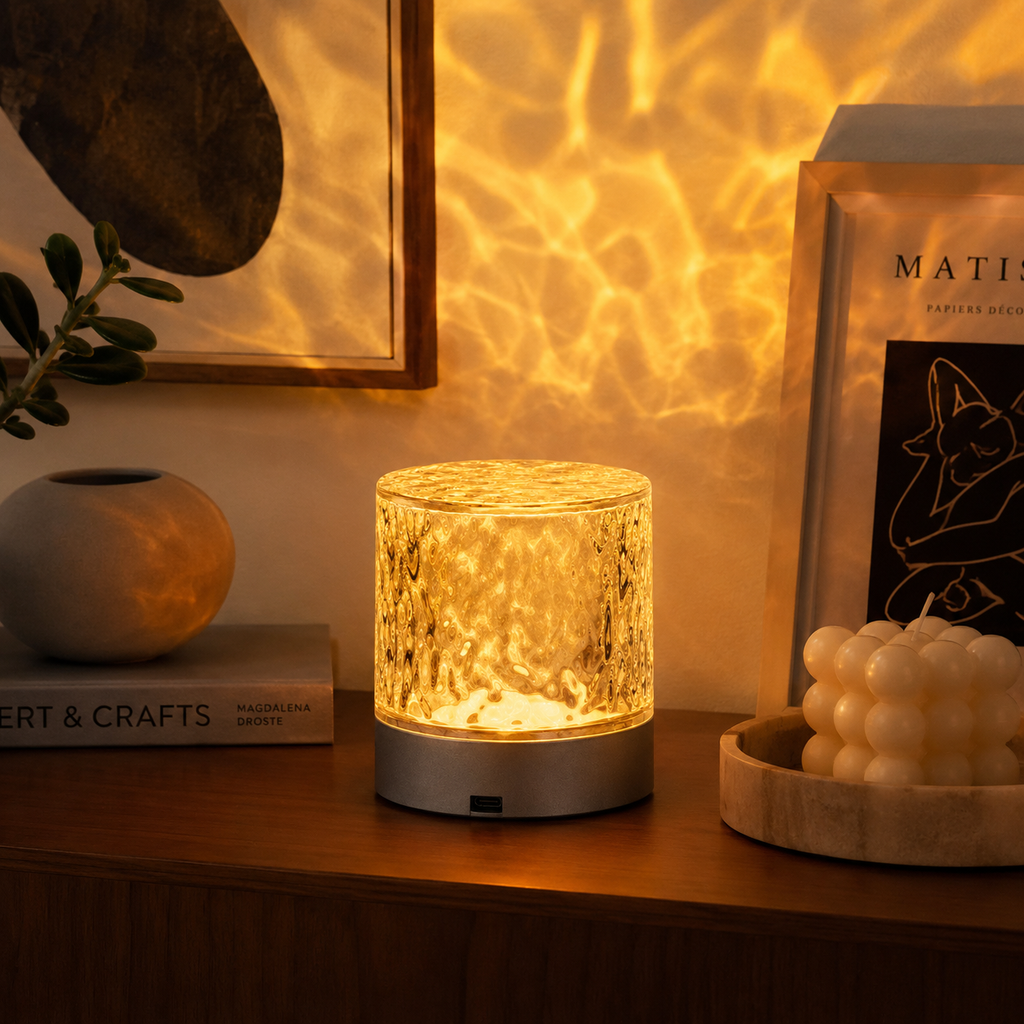 A cylindrical LED night light with a textured, crackled glass-like top and a silver base, glowing with a warm yellow light on a wooden shelf in a styled room setting.