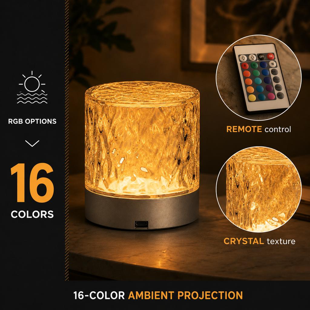 A cylindrical LED ambient light with a textured crystal-like glass body, glowing warm yellow-orange when lit. The image includes callout circles showing a remote control and crystal texture detail, plus text noting RGB options, 16 colors, and ambient projection.