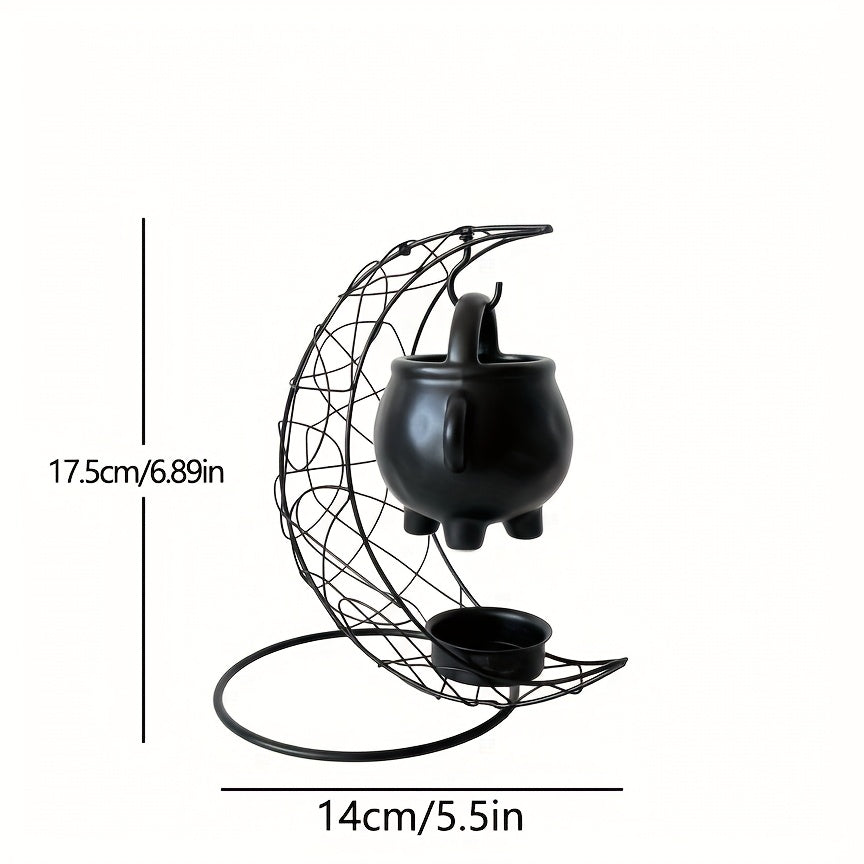 Moon shaped iron stand with hanging black ceramic cauldron and dimension labels.