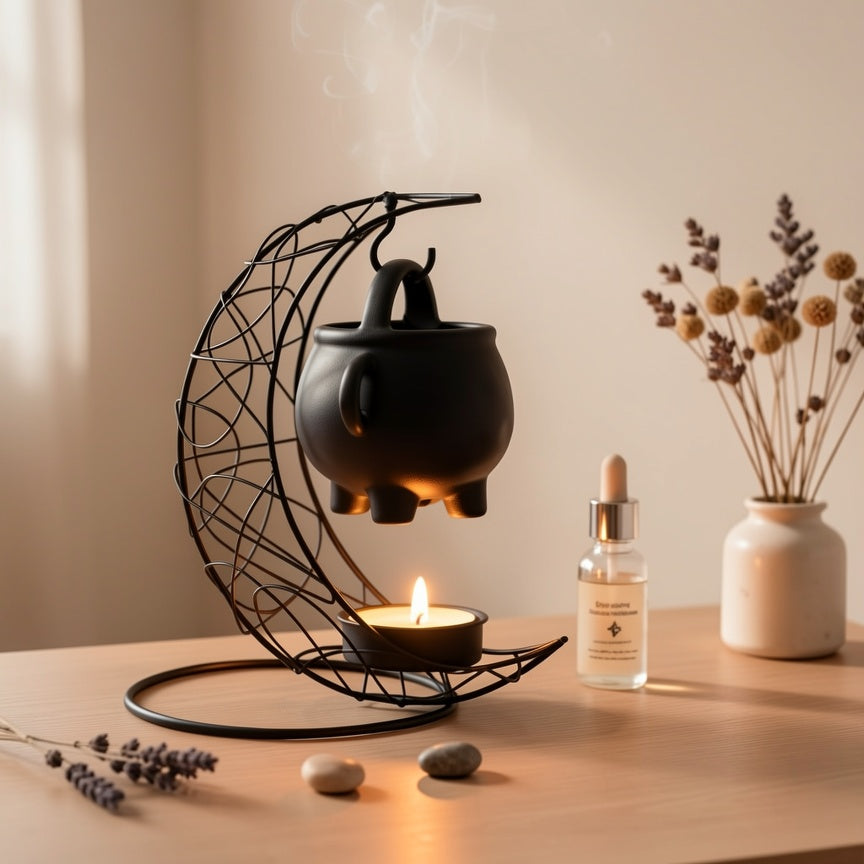 Black cauldron warmer above a tealight beside a vase and oil bottle.