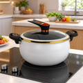 White enamel soup pot with glass lid and black handles