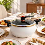 White enamel soup pot with glass lid at the dining table