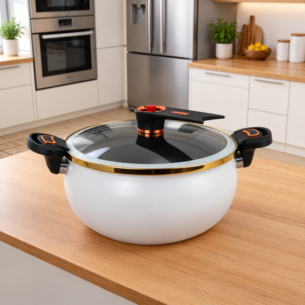 White enamel soup pot with glass lid in a kitchen