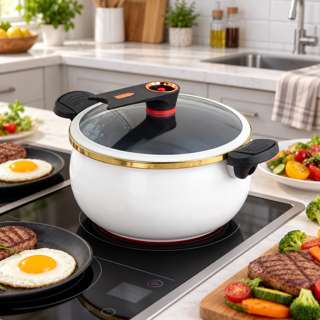 White enamel stock pot with black handles in a kitchen