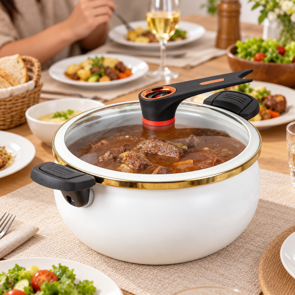 White enamel stock pot with a glass lid over simmered food