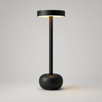 A modern black floor lamp with a wide circular shade, a slim central stem, and a rounded base, shown lit against a light gray studio background.