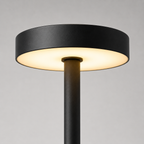 A modern black floor lamp with a wide circular shade and a slim central stem, shown lit against a neutral gray background.