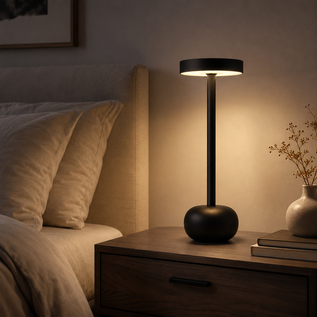 A modern black table lamp with a round base and flat circular shade, glowing warm white on a wooden nightstand next to a bed in a cozy bedroom setting.