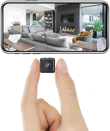WiFi security camera shown with a phone displaying a living room