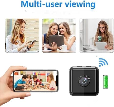 WiFi security camera shown with multi-user app viewing graphics