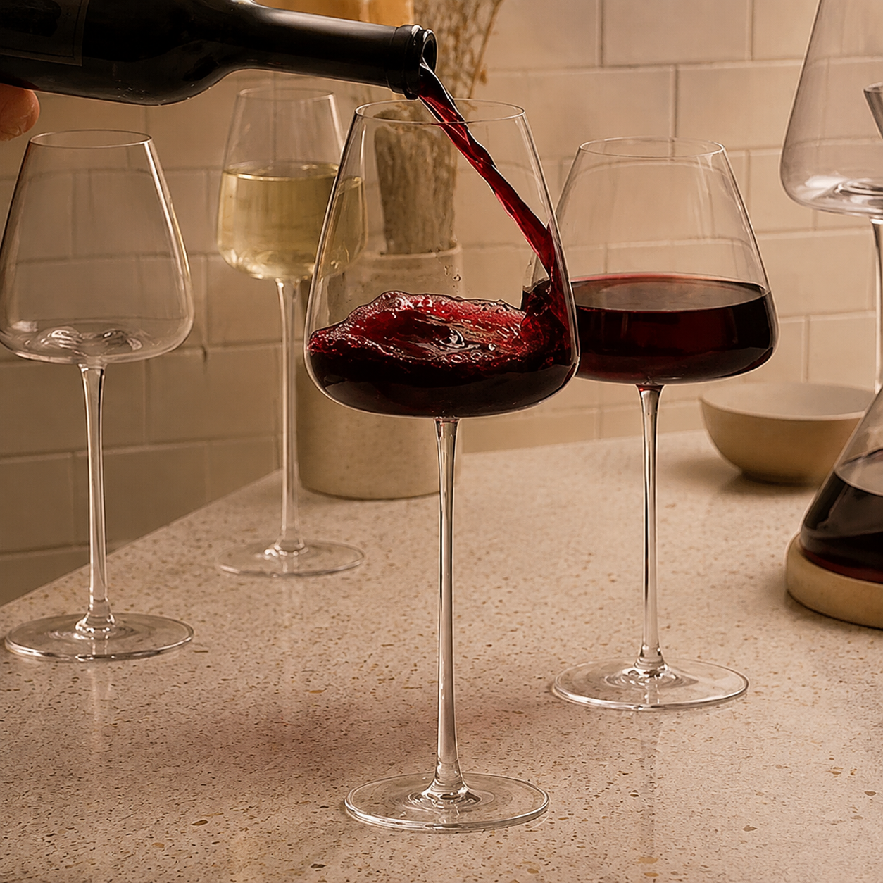 Wine glasses staged as red wine is poured beside clear and white wine stems