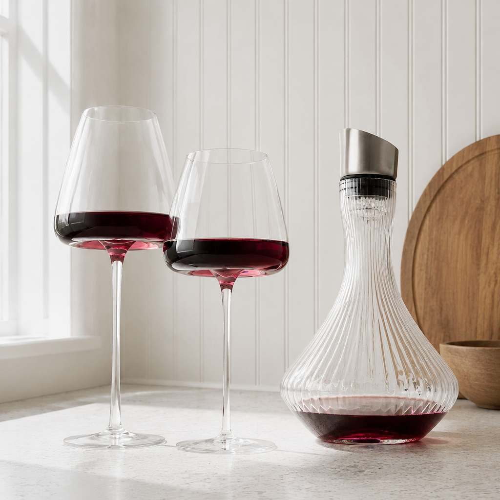 Wine glasses pair with red wine beside a crystal decanter in window light