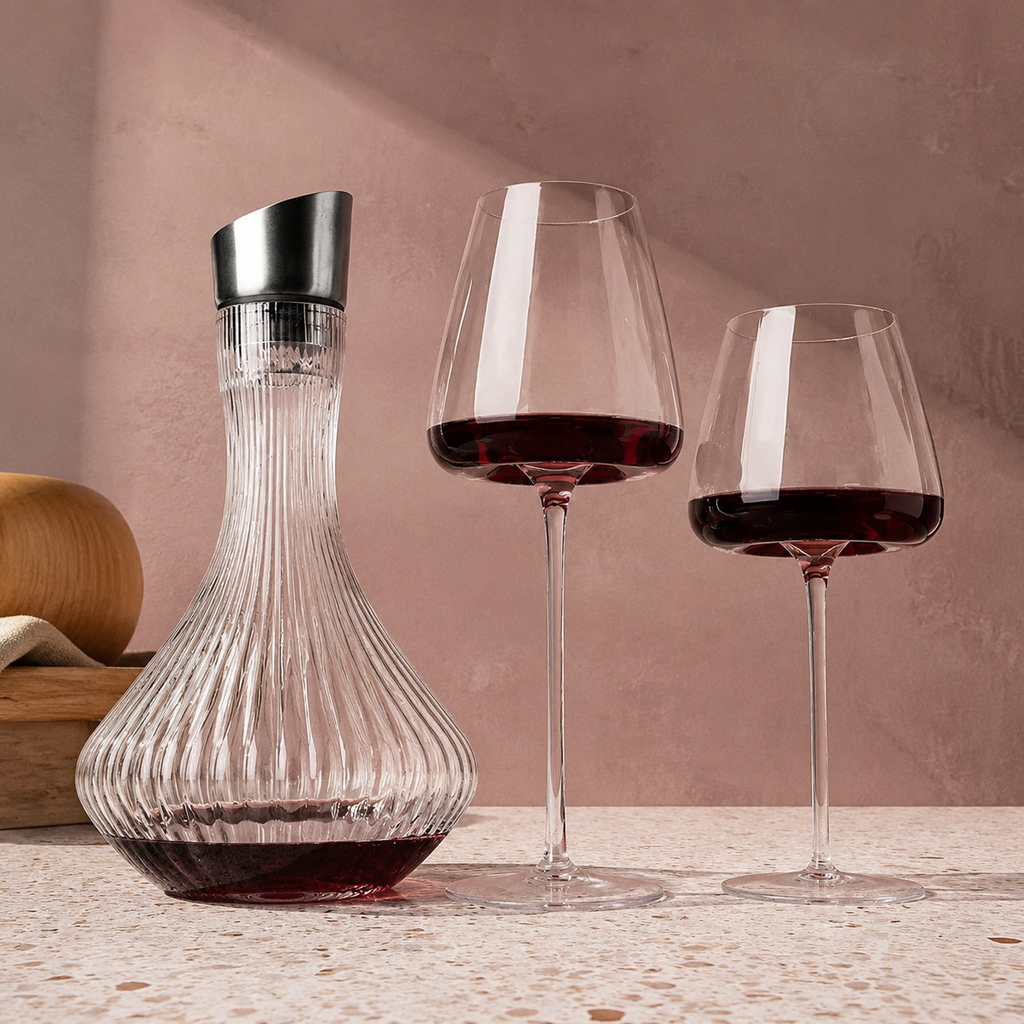 Wine glasses pair and crystal decanter staged against a muted rose wall