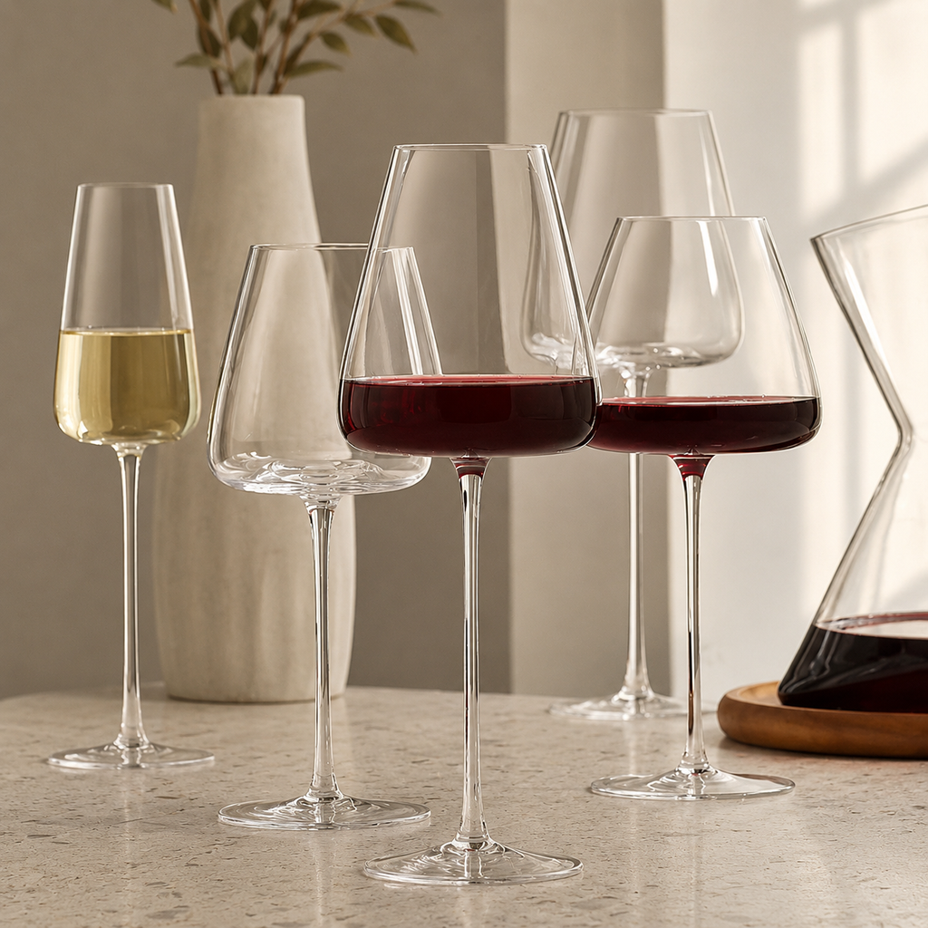 Wine glasses collection with clear stems for red, white and sparkling wine