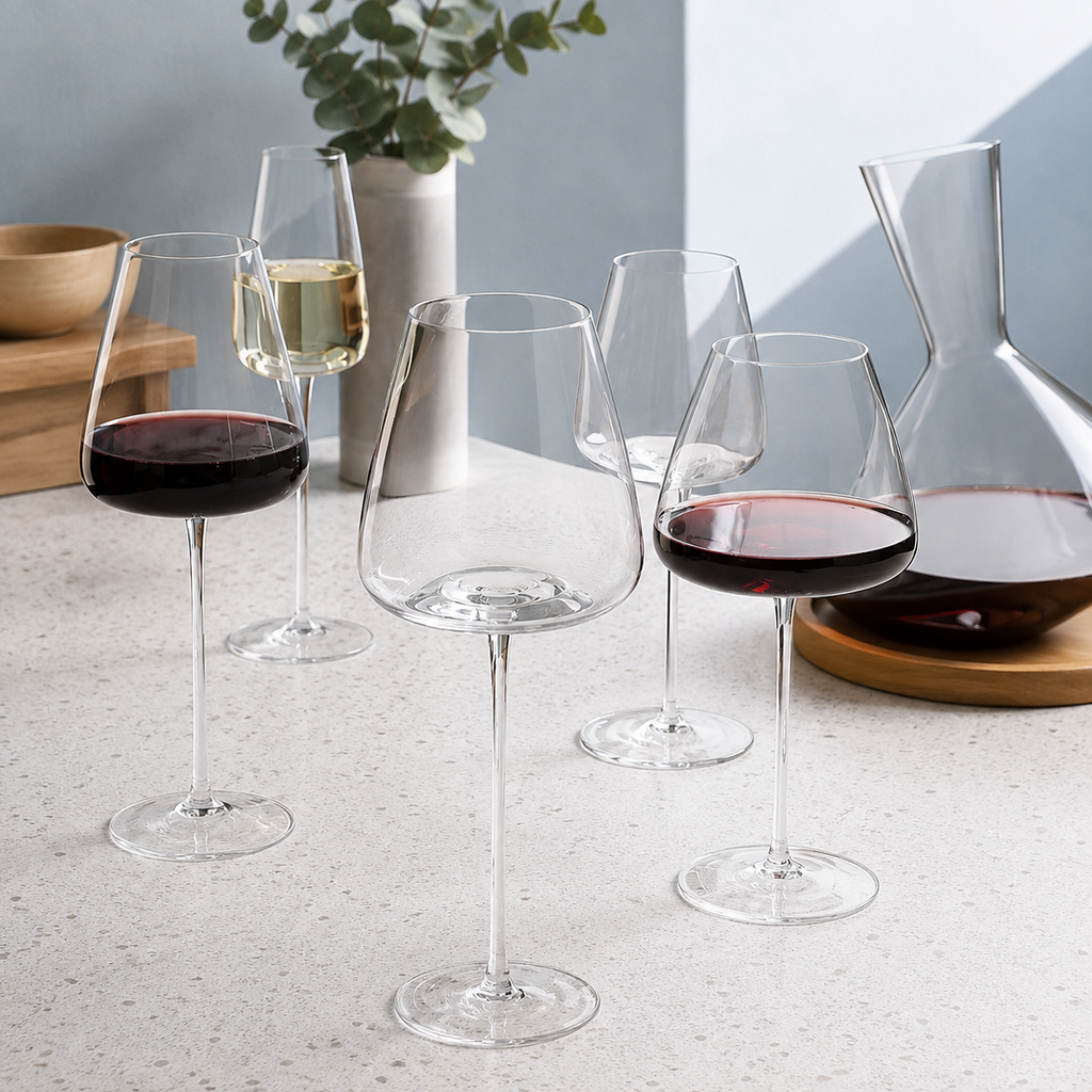 Wine glasses collection with multiple bowl shapes displayed on a kitchen counter