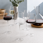Wine glasses collection with multiple bowl shapes displayed on a kitchen counter