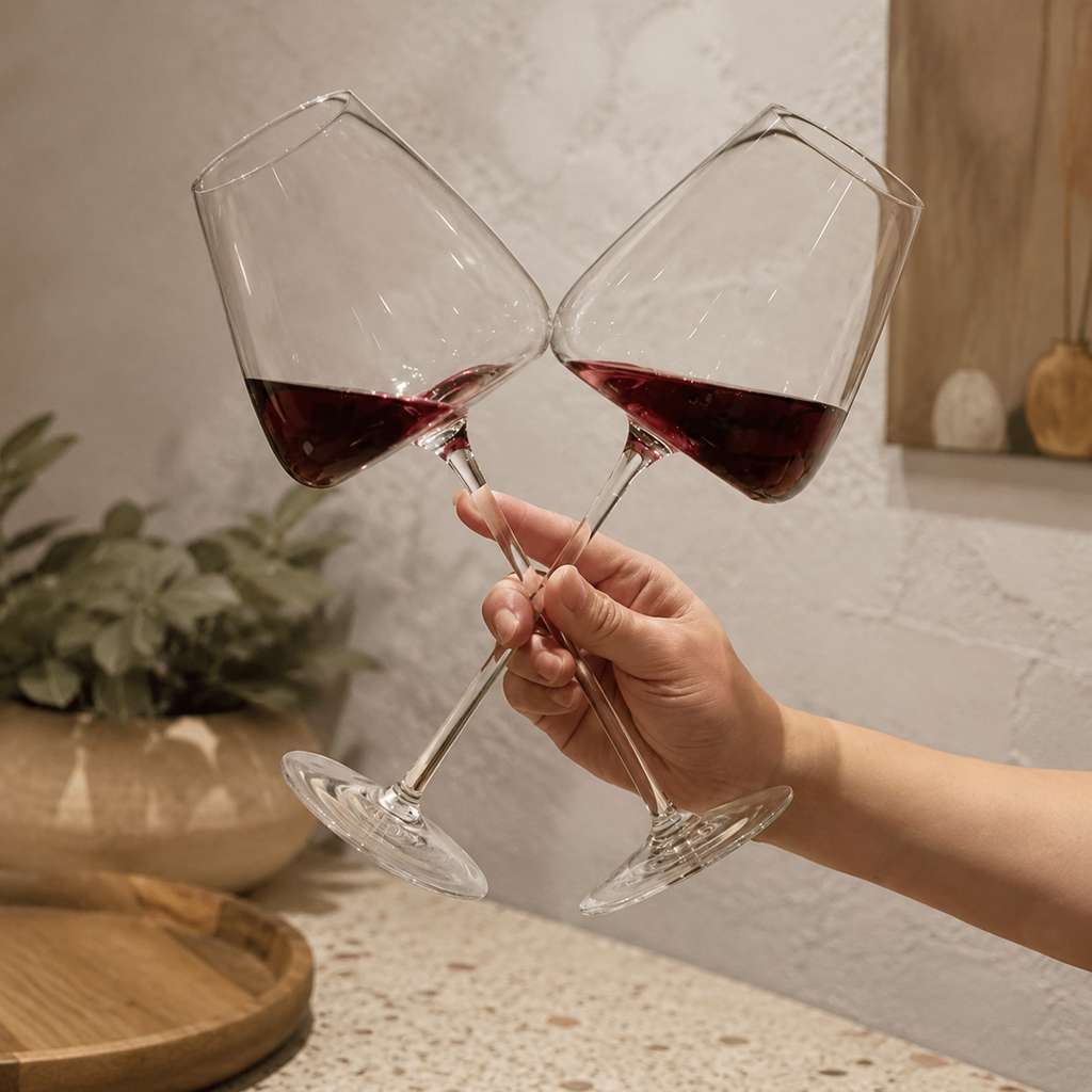 Wine glasses pair touching in a toast above a neutral kitchen counter