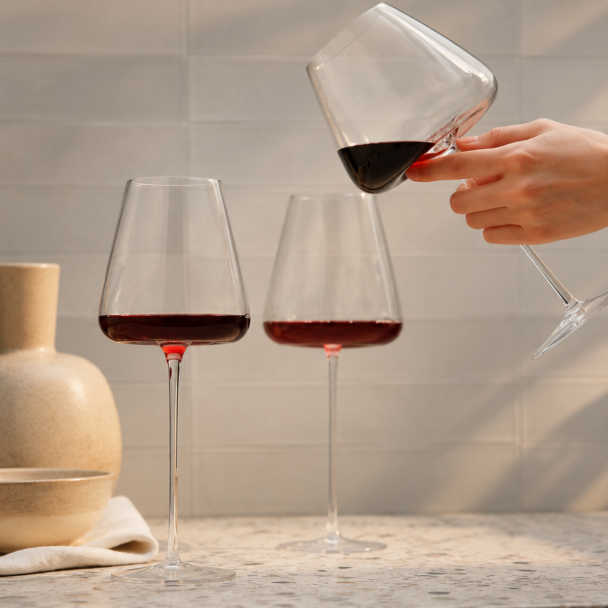 Wine glasses trio with one glass held above a warm stone counter