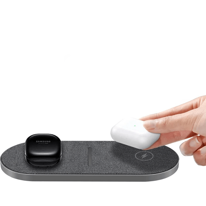 Dual wireless charging pad holding a watch and earbud case.