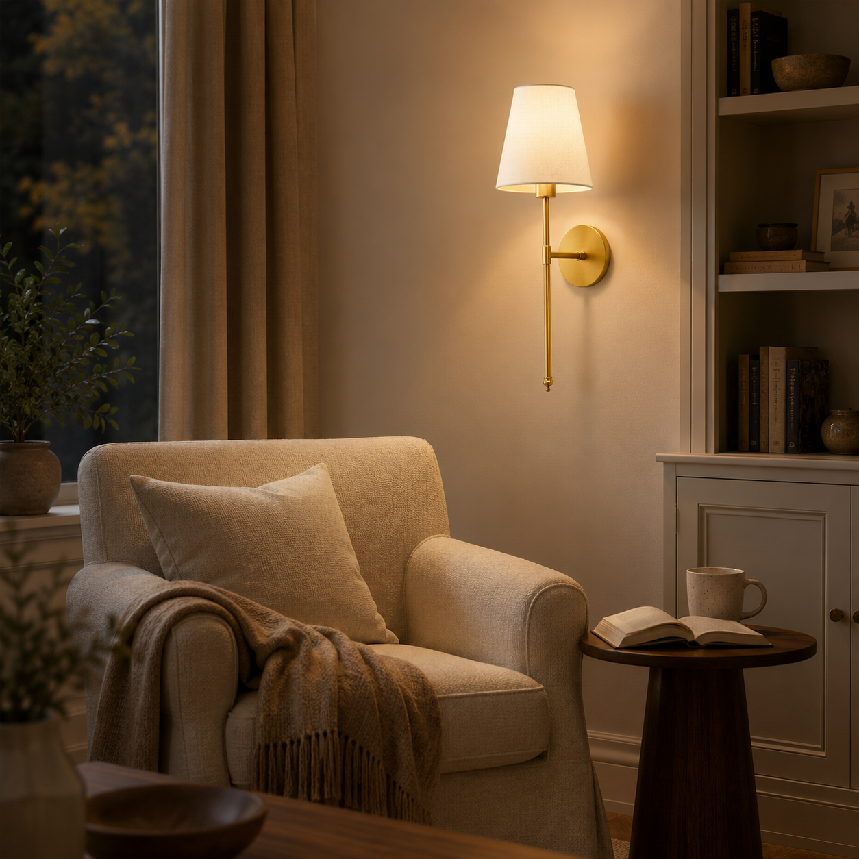 A warm brass wall sconce with a white fabric shade mounted on a beige wall in a cozy living room setting next to a cream armchair and a small wooden side table.