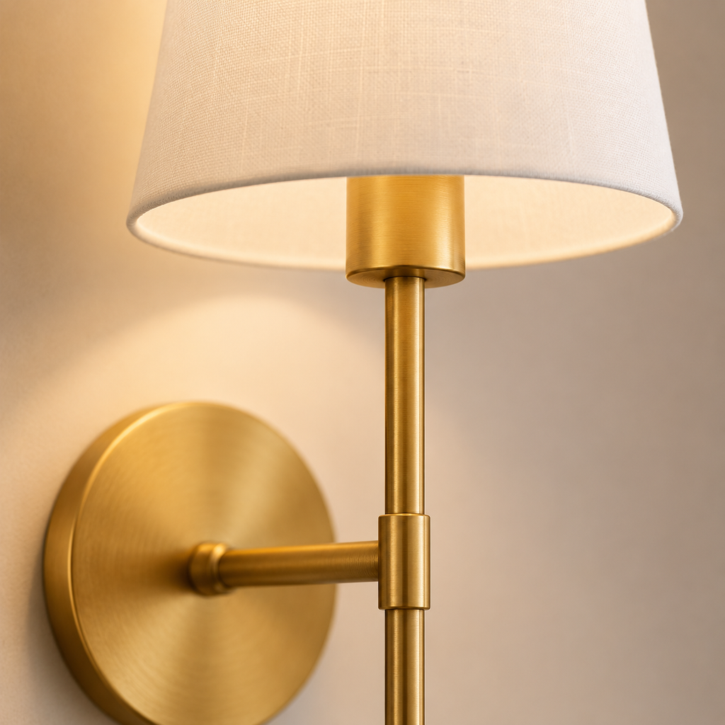 A close-up of a wall-mounted sconce lamp with a brushed gold metal frame and a white textured fabric shade, shown lit against a warm beige wall.