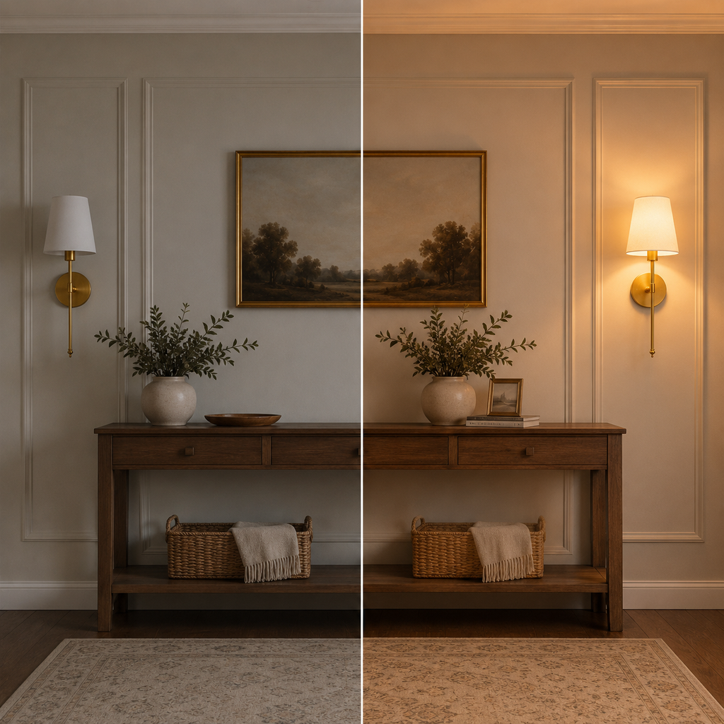 A split-screen comparison of a home entryway console table setup under two lighting scenarios: cool natural light on the left and warm golden-hour light on the right. Both scenes feature a dark wood console table decorated with a potted plant, a framed landscape painting, a brass wall sconce, and a patterned area rug.