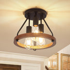 Rustic three bulb ceiling light with a wood ring and black metal cage
