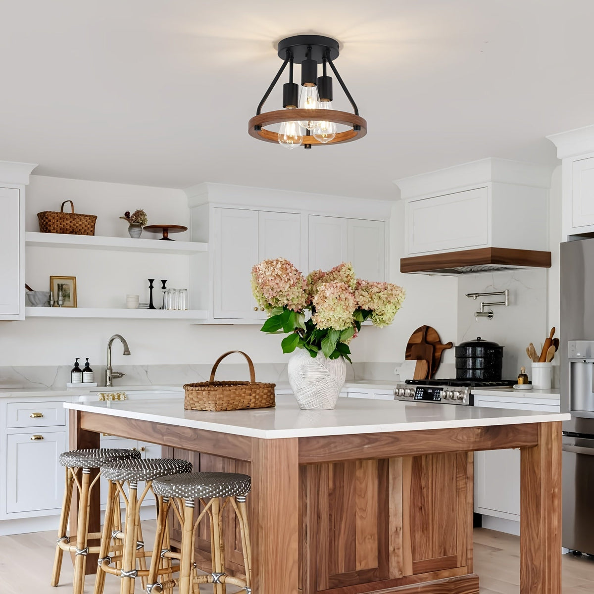 Rustic wood ring ceiling light above a kitchen island