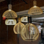 Wood pendant light display showing several slatted shade shapes