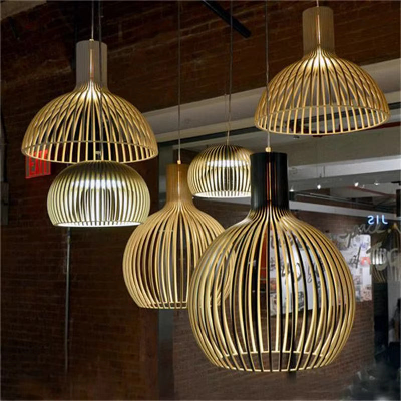 Wood pendant light display showing several slatted shade shapes