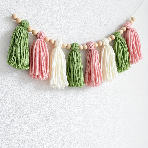 Wooden Bead Tassel Garland | Green, Pink And White Fabric Tassels With Natural Beads