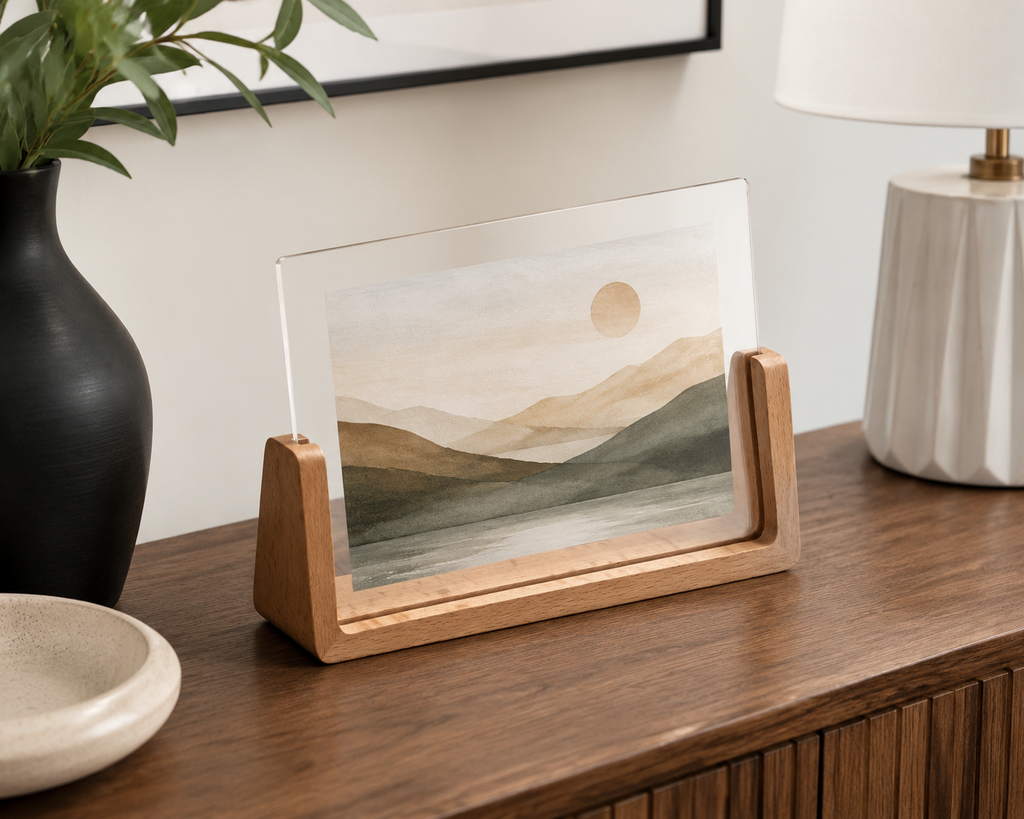 Horizontal acrylic photo frame with pale wood base and a neutral landscape print.